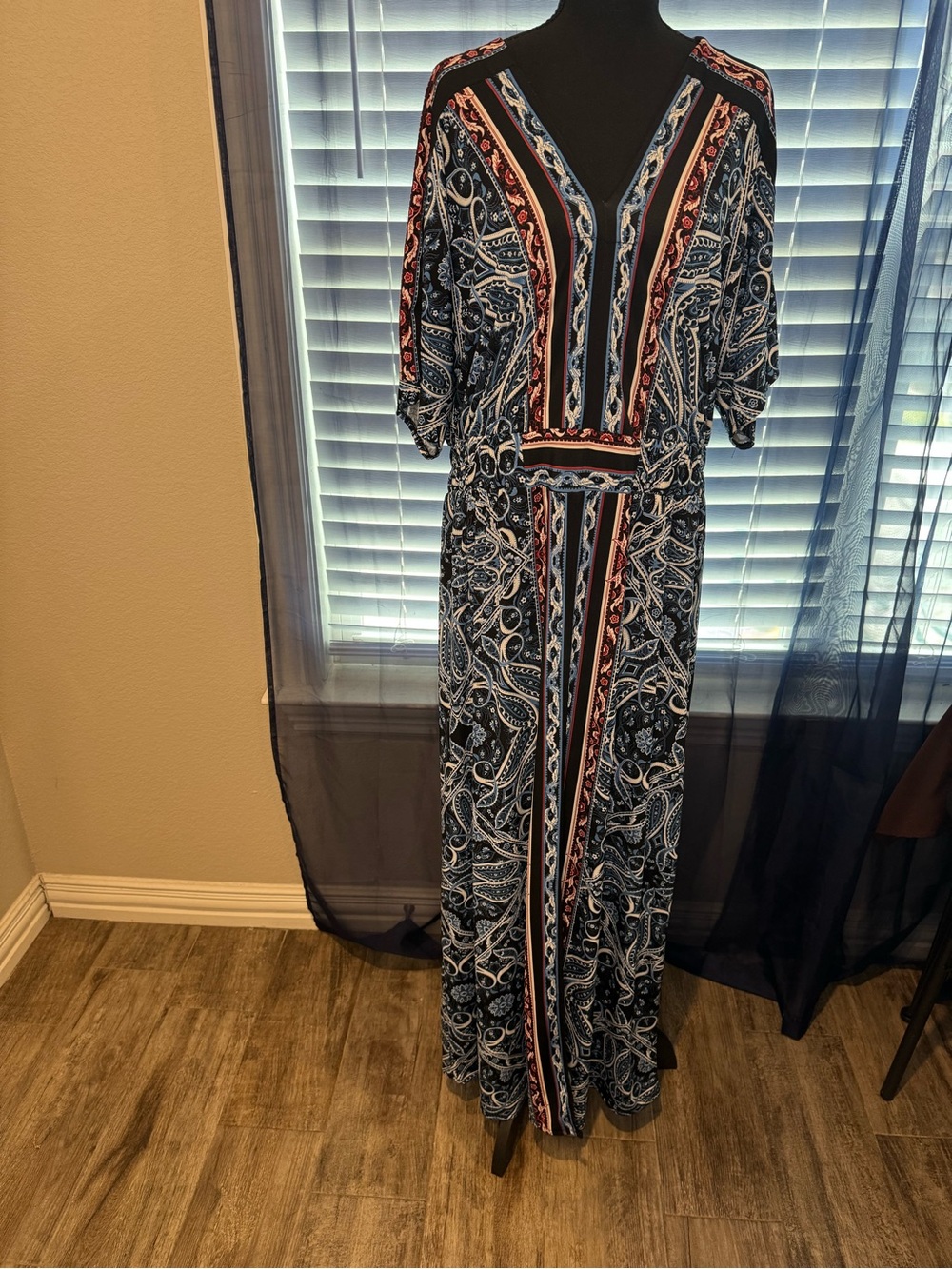 Cato Navy Paisley Maxi Dress with Coral and White Stripes